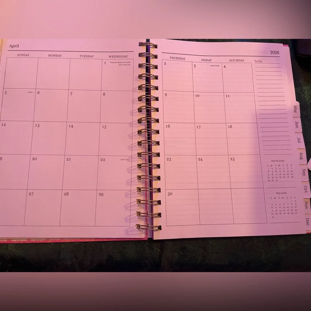 Hardcover Pink Floral Spiral 2026 Organizational Planner w/ Gold Accents,Travel